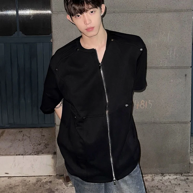 Men's Shoulder Padded Short Sleeve T-Shirt Full Zip Design Loose Yuppie Casual Tee Streetwear Versatile Summer Oversized Top
