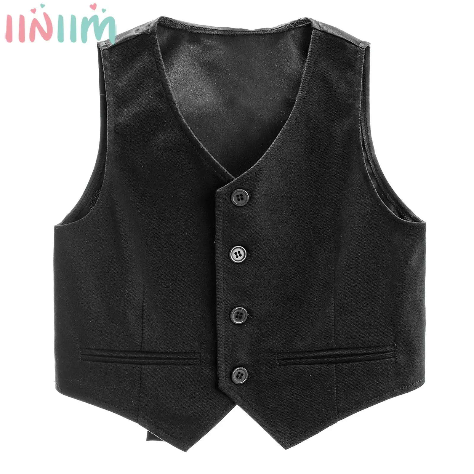 Children Boys Gentlemen Vest V Neck Button Blazer Waistcoat Birthday Party Wedding Evening Stage Performance Formal Costume