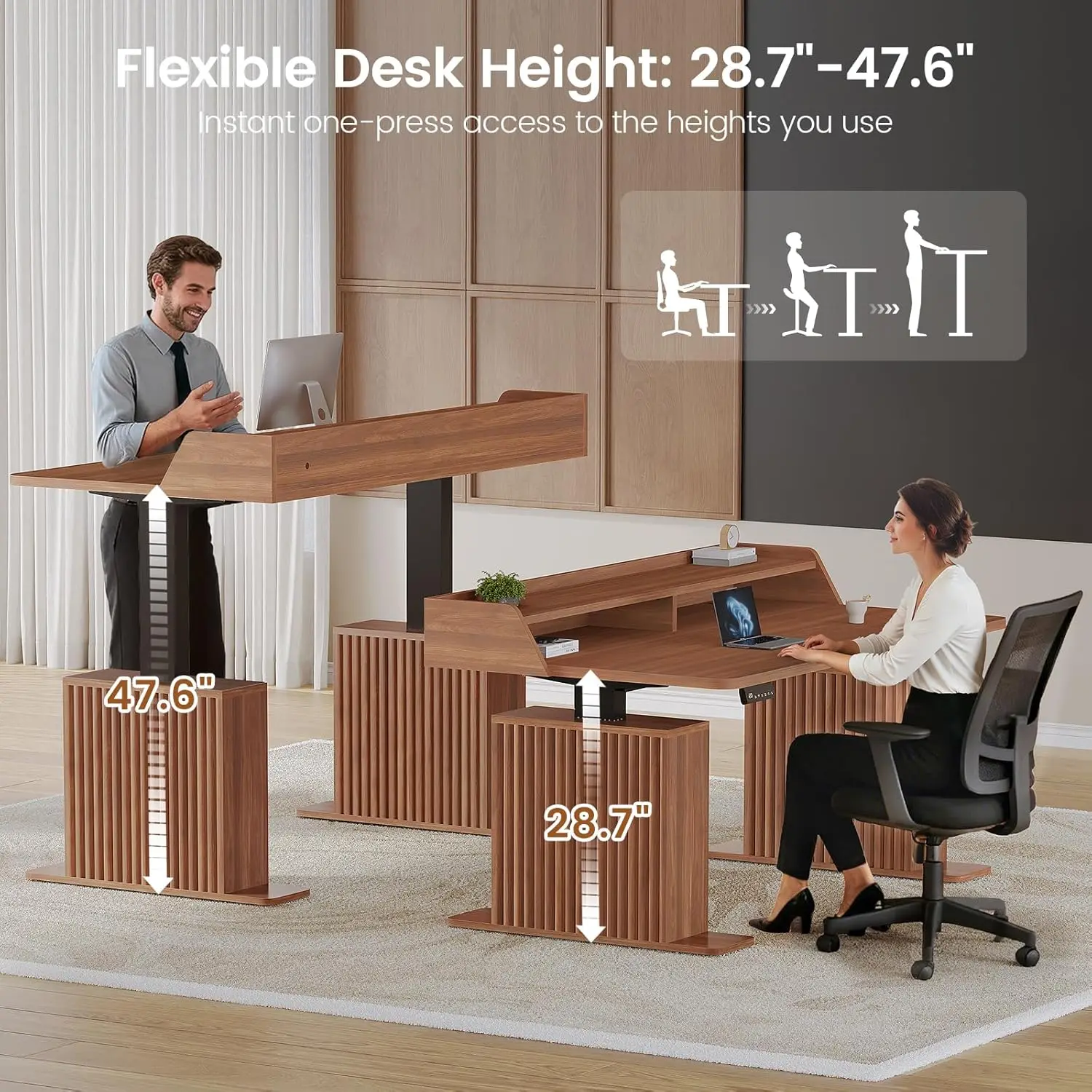 Standing Desk With Storage, 55" Fluted Stand Up Desk With Power Outlets And LED Lights, Height-Adjustable Table, Customized - view 3