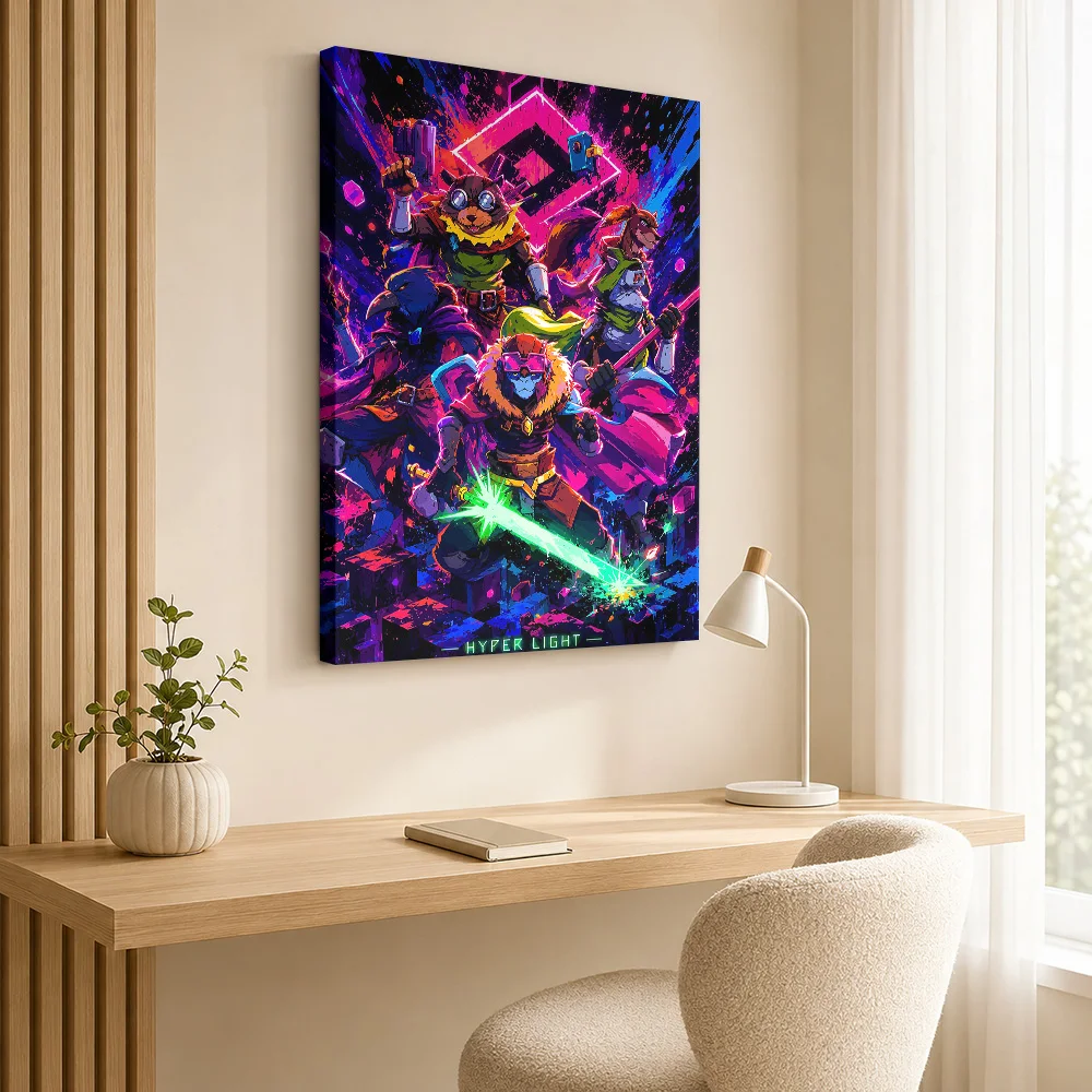 Hyper Light Drifter Team Together Framed Canvas Print Personalized Photo Glowing Neon Colors Wall Art For Game Streaming Studio