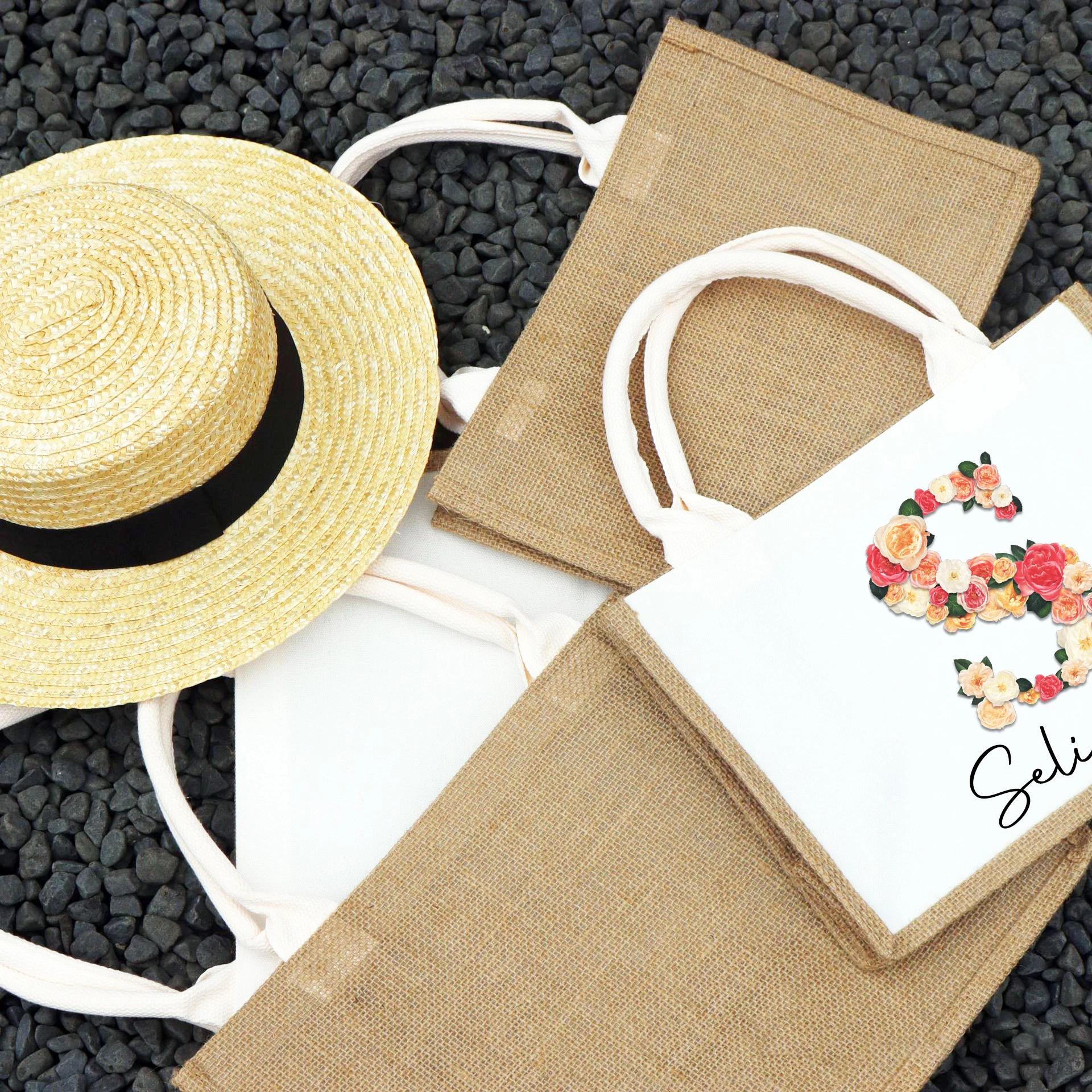 Floral Name Print Custom Jute Shopping Bag Beach Girls Trip Tote A-Z Alphabet Personalized Linen Shopper Gift Big Capacity