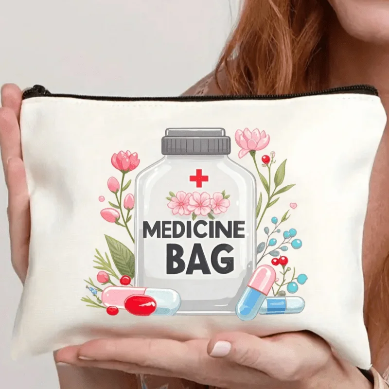 Women'S Organizer with Medicine & Herb Print - Portable Pharmacy Storage Pouch with Zipper Closure, Durable Fabric for Home