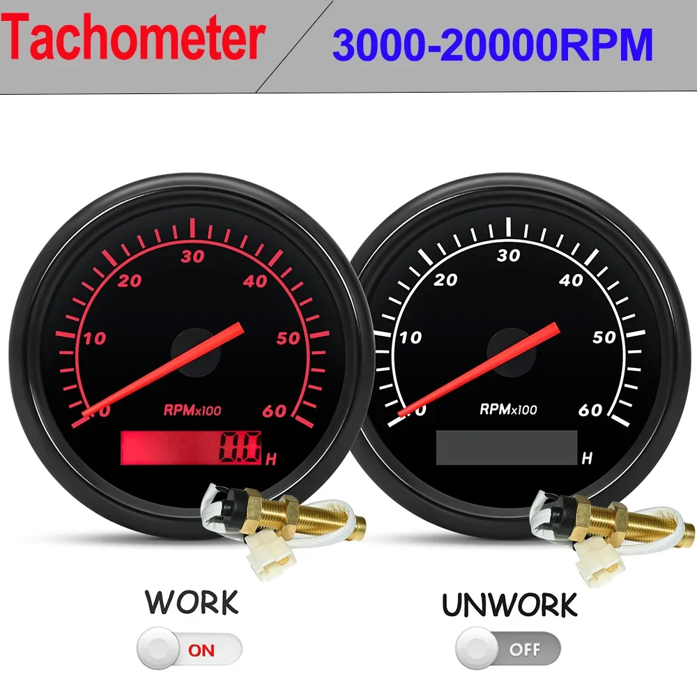 

85mm Car Tachometer 3K-20K RPM Red Backlight Gasoline Diesel Engine Tacho with LCD Hourmeter Waterproof +M16 Tachometer Sensor