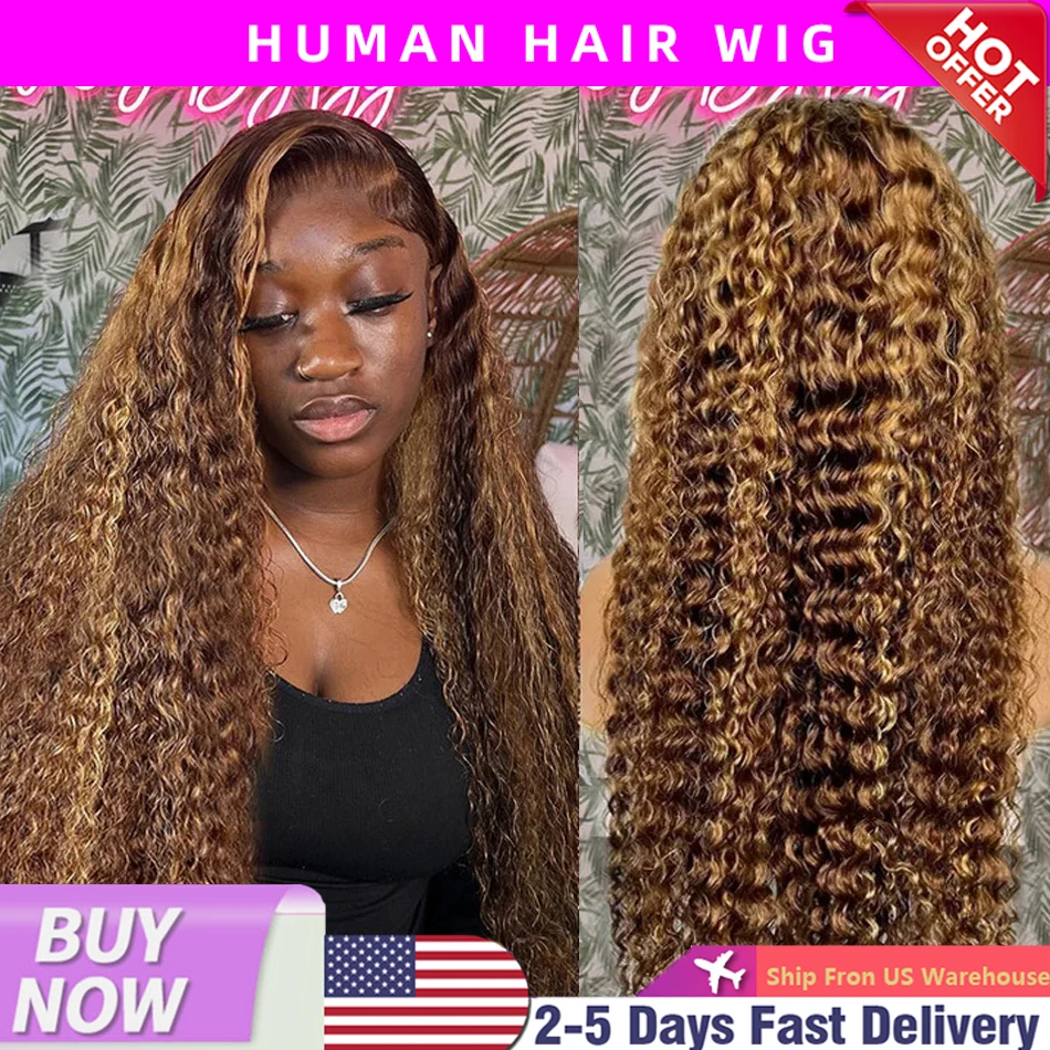 13x6 Highlight Perücke Echthaar Lace Frontal Perücke 13x4 Deep Curly Water Wave Farbige Honigbraune Lace Front Echthaarperücken im Angebot