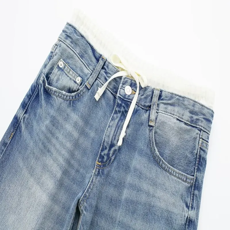 Spring 2024 Women's Casual Mid-Waist Patchwork Wide Leg Jeans Long Pants Comfortable Fit l Waist Wide Leg Trousers