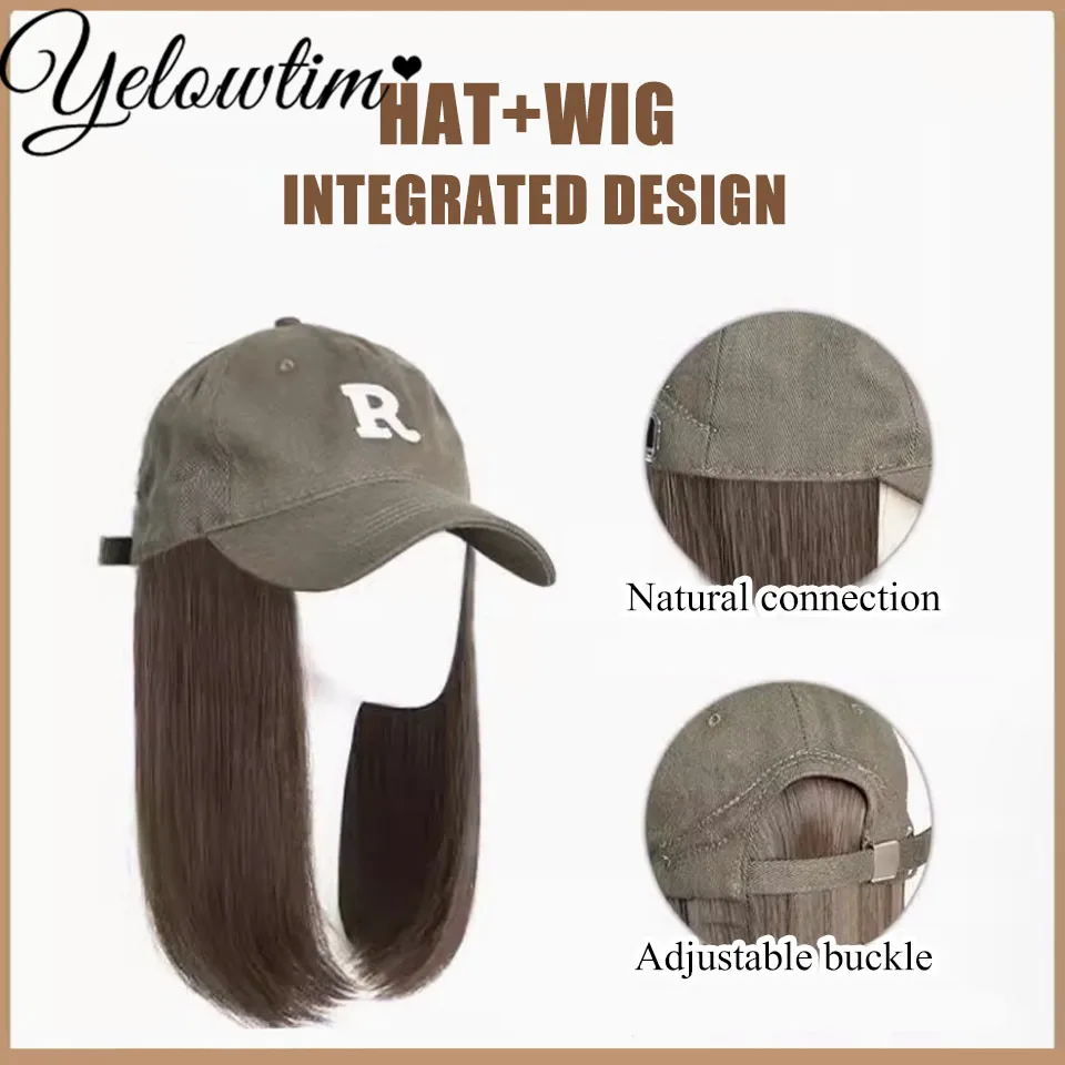 12inch Wig and Hat Integrated Women's Autumn and Winter New Style High Level Clavicle Hair Letter Baseball Hat Natural Daily Use