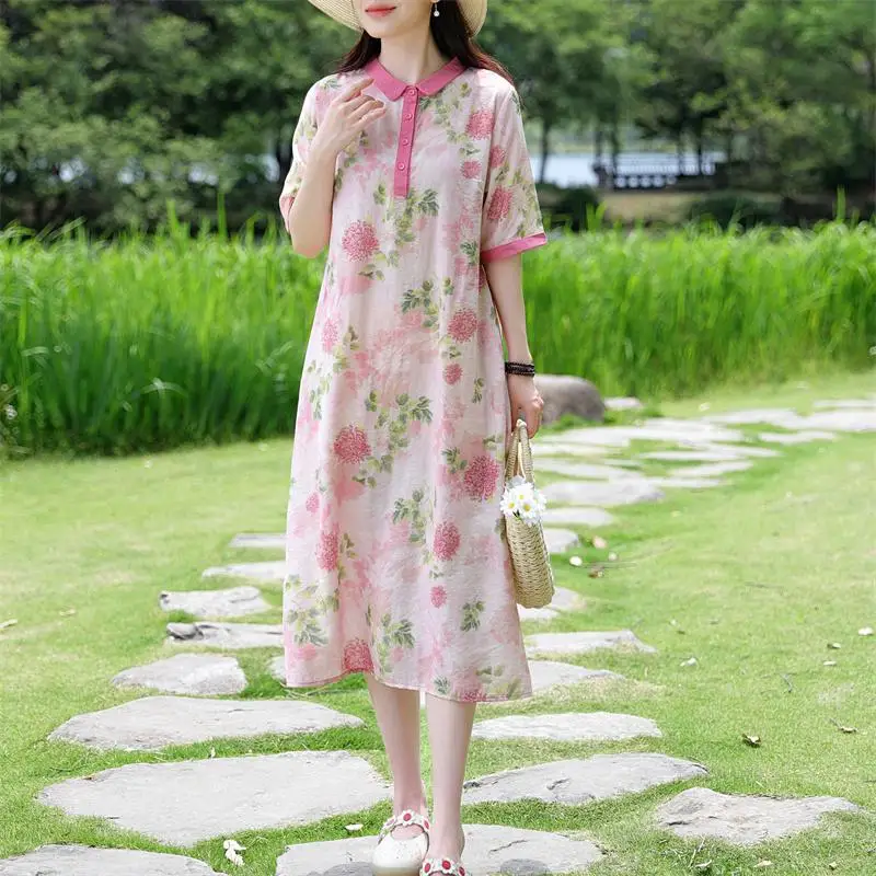 New Arrival 2024 Summer Arts Style Women Peter Pan Collar Short Sleeve Long Dress Flower Print Vintage Cotton Linen Dresses