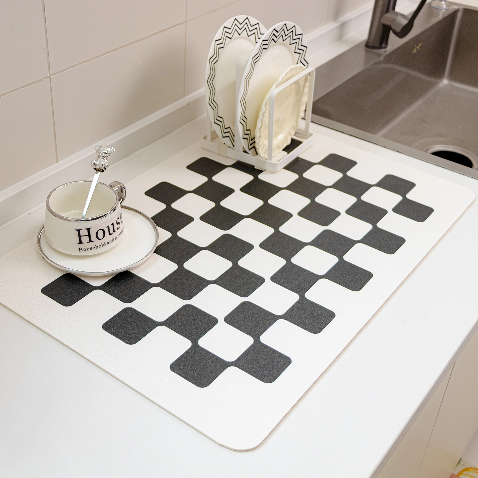 

Checkered Dish Drying Mat Absorbent Coffee Bar Mat for Kitchen Counter Dish Rack Espresso Machine Pad