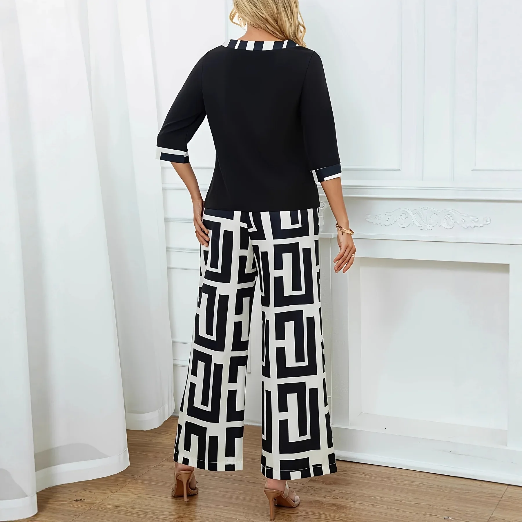 أزياء مريحة أعلى السراويل واسعة الساق دعوى السراويل للنساء الأوروبية الأمريكية متاهة نمط هندسي ألوان متباينة #3