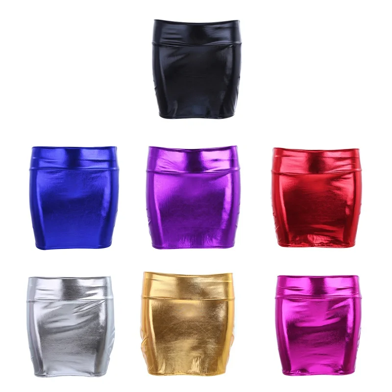 Sexy Women Wetlook Mini Skirt Shiny Patent Leather Short Skirt Womens Party Bright Skirt Metal Dance Skirt Night Clubwear