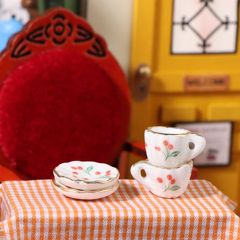 1Set 1:12 Dollhouse Miniature Cherry Ceramic Cup Saucer Model Kitchen Tableware For Doll House Decor Kids Pretend Play Toys