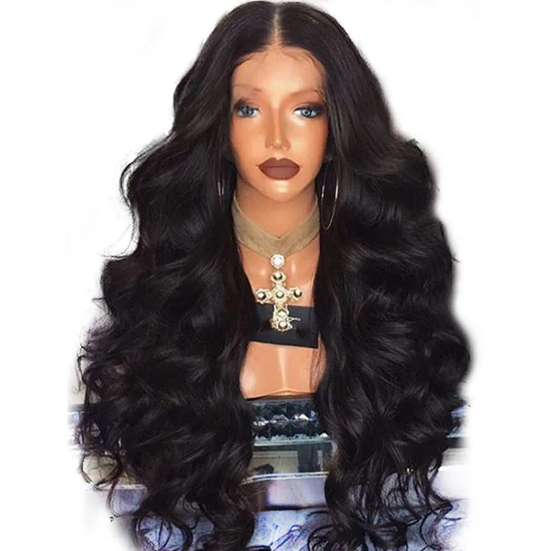 European and American wigs, big wave black wig headgear with middle part, curly hair with front lace.