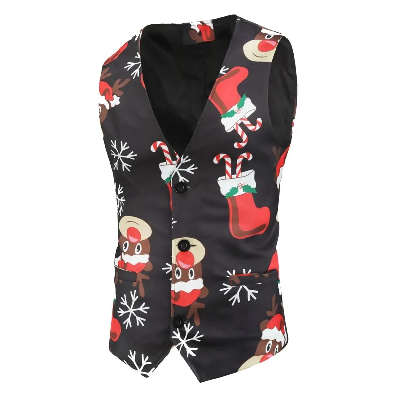Men\'S Christmas Suit Vest Autumn Single-Breasted Tank Winter Casual Elk Snowflakes Printed Party Tops Navidad