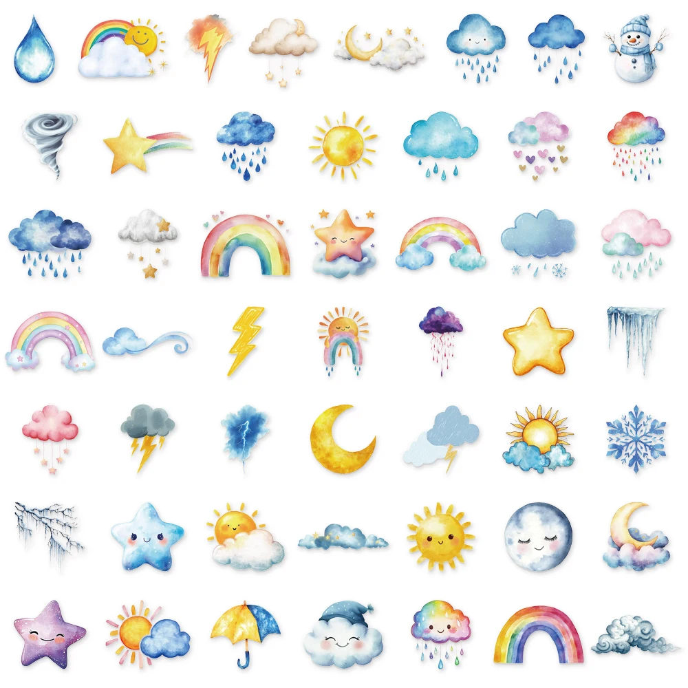 50PCS Creative Watercolor Weather Fun Transparent PET Sticker Set DIY Booklet Decoration Notebook Tablet Toy Stickers