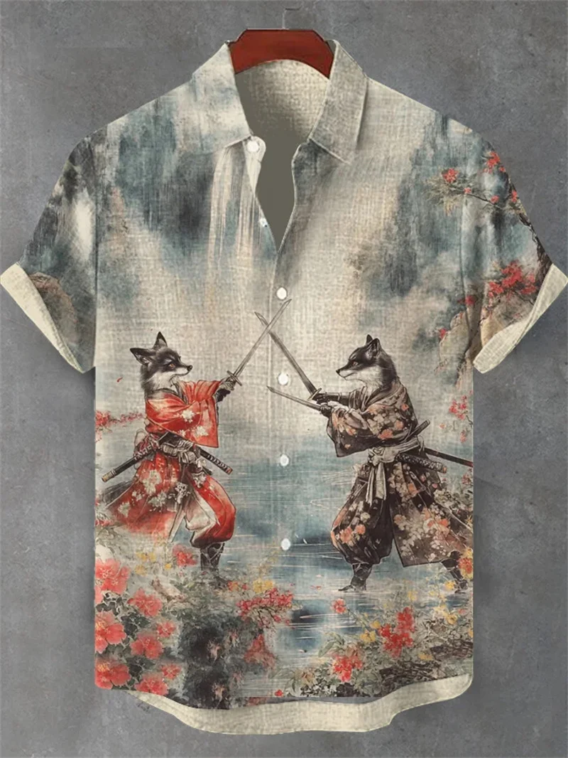 新しいファッションメンズリネン半袖シャツ 3D プリント武士道パターンカジュアルコンフォートシャツ夏半袖シャツ
