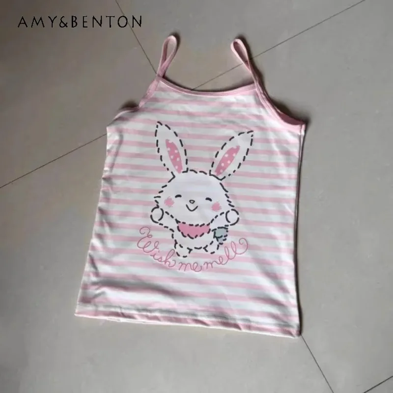 

Sweet and Cute Cartoon Rabbit Print Striped Suspender Slim and Waist Vest Women