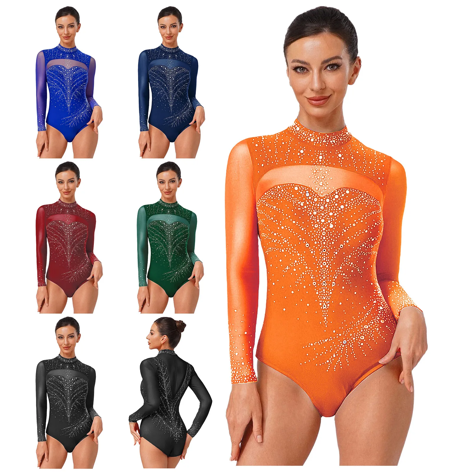 Women Figure Skating Leotards Jumpsuit Long Sleeve Rhinestone Gymnastics Artistic Ballet Jersey Bodysuit Competition Dancewear
