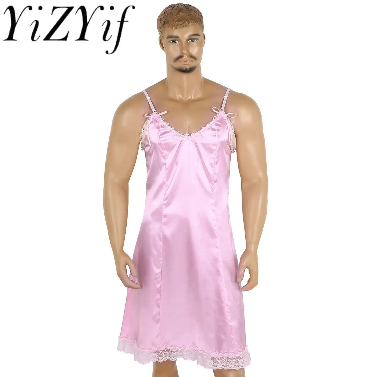 Gay Mens Sissy Dress Male Crossdress Satin Lace Frilly Lingerie Dress Fancy Vintage Slip Dress Babydoll Underwear Nightwear