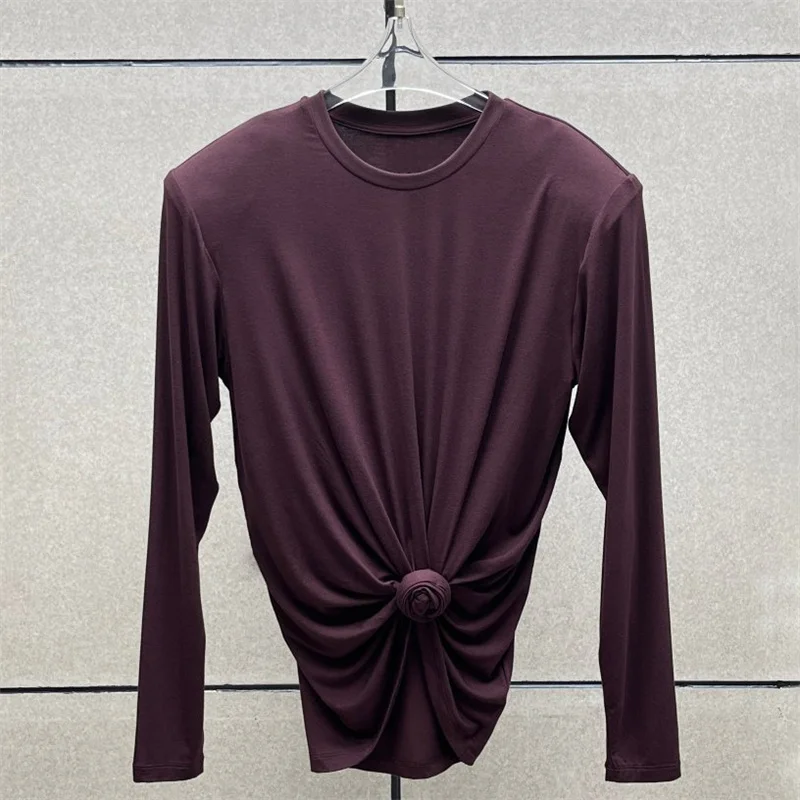 women's t-shirt New elastic knitted round neck pullover for autumn 2026 Shoulder pads slim fit women's corset cotton blend tops