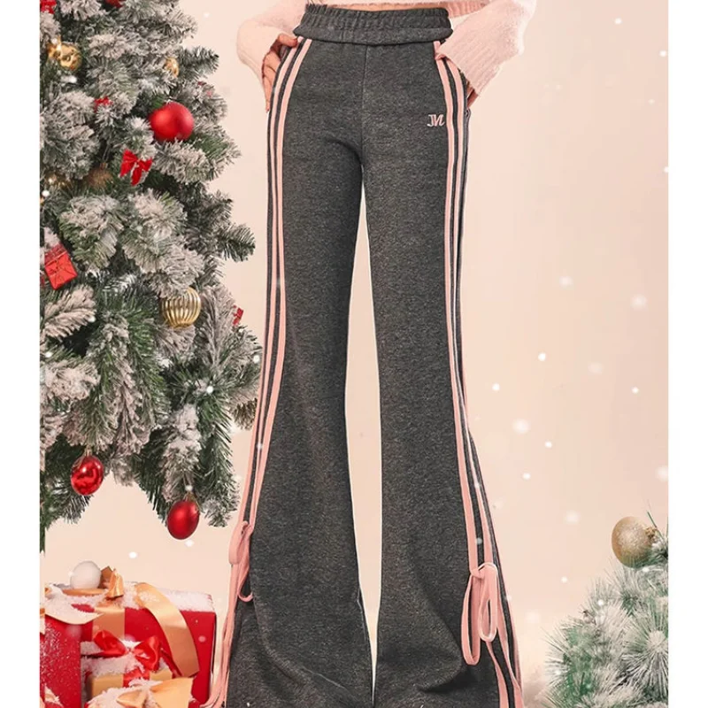 High Waist Slim Casual Gray Sports Micro Flared Pants Women's Spring Patchwork Drawstring Bow Korean Fashion Versatile Trousers