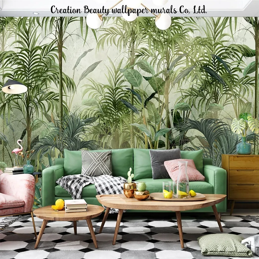 

Green Tropical Forest Jungle Plants Mural Wallpapers for Living Room Bedroom Dining Room Background Wall Paper Papel De Parede