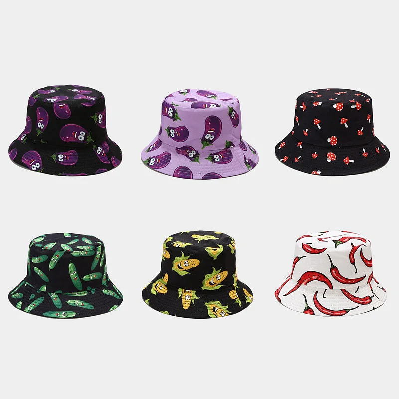 Vegetables Print Bucket Hats Women Men\'s Panama Hat Double-sided Foldable Summer Cap Hamburger Pepper Tomatoes Graffiti Sun Hat