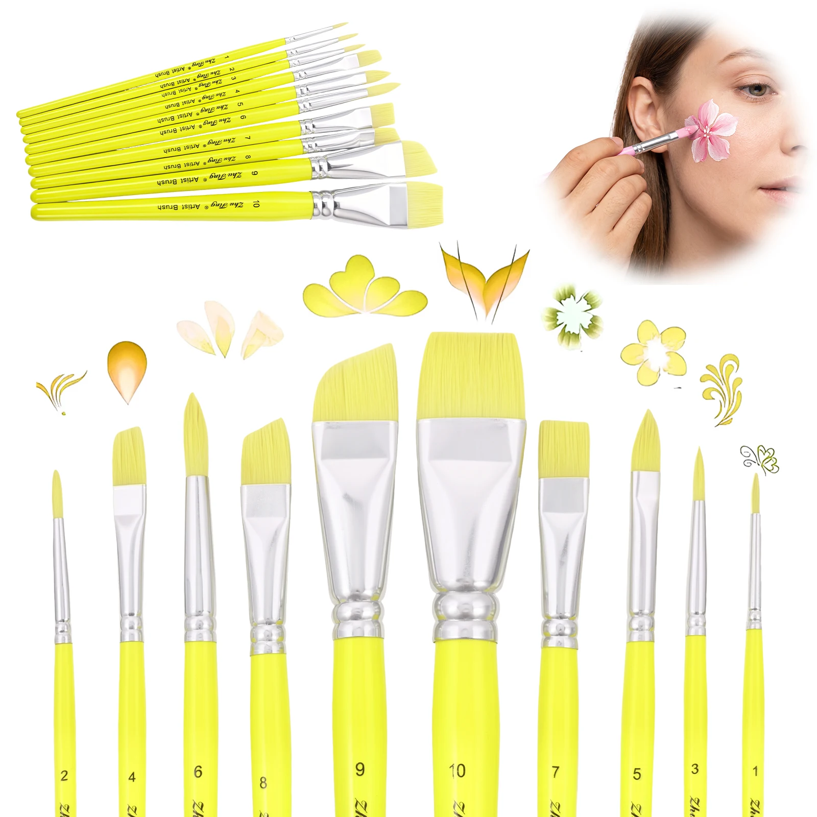 10pcs Face Painting Brush Set with Nylon Bristles for Watercolor Acrylic Oil Body Painting Nail Art Brushes Face Paint Brushes