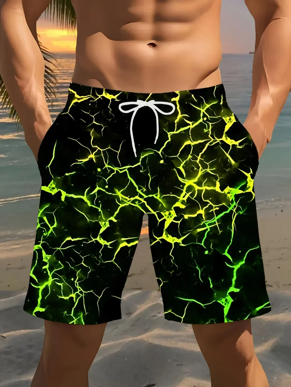 Bunte Blitz-3D-Druck Herren-Strandshorts mit Kordelzug, Lässige Lose Sommer-Badehose, Streetwear Kurze Hose – Detail 6