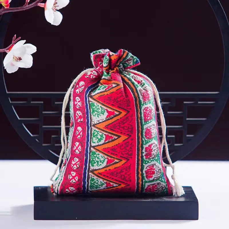 50pcs/lot 10*14 13*18 15*20cm Reusable Cotton Linen Drawstring Bag Ethnic Style Print Pouches Candy Jewelry Party Gifts Bags
