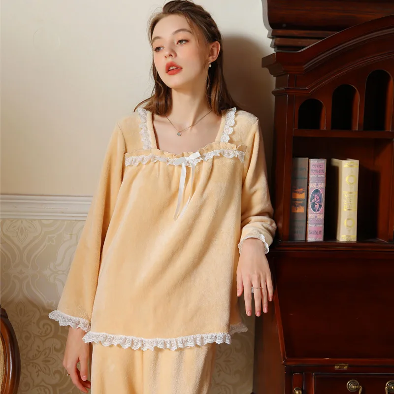 Women's Velvet Loungewear, Sweet Lace Trim Pajamas, Square Collar, Velour Tops, Pants, Princess Sleepwear, Nightwear, Winter image 3