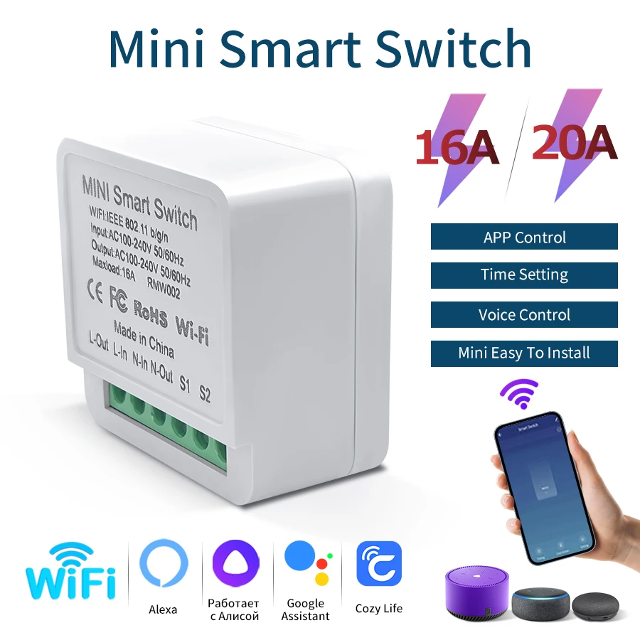 

Wi-Fi Mini Smart Breaker Модуль умного переключателя Приложение Cozylife Дистанционное управление Таймер Поддержка 2-стороннего управления Работа с Alexa Google Home
