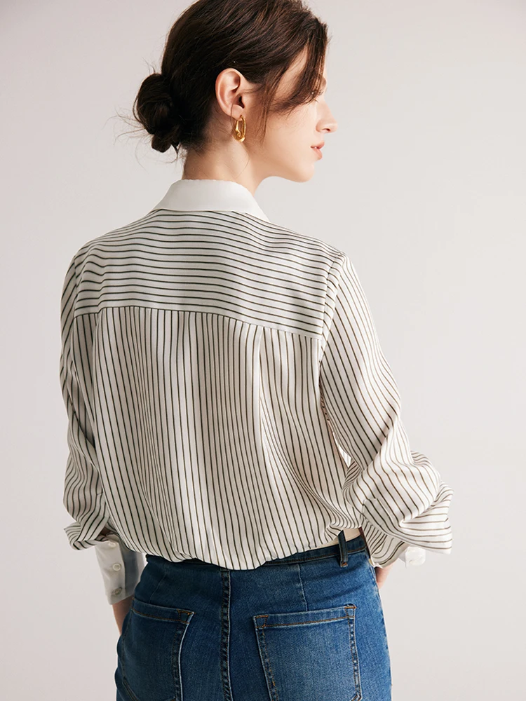 SuyaDream Women Striped Shirts 100%Mulberry Silk Single Breasted Chic Blouses 2023 Spring Summer Silk Top White