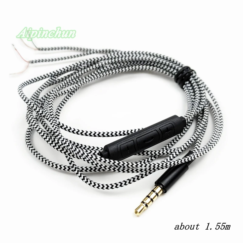 DIY Earphone Cable Headphone Repair Replacement Wire Fabric Braid Cord with Mic Volume Controller 3.5mm 4-Pole Jack  About 1.55m