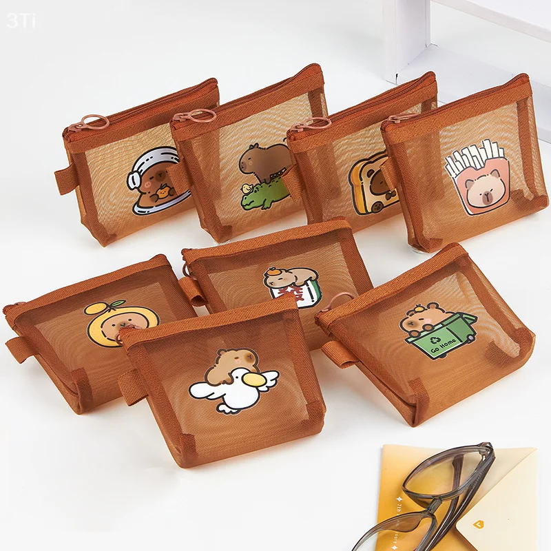 1 шт., модный сетчатый кошелек с изображением капибары, многофункциональный корейский стиль, чехол для ключей на молнии, прозрачная мини-косметичка для путешествий