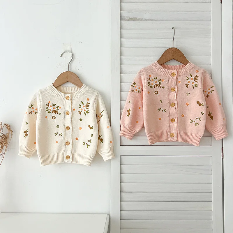 2024 Baby Sweater Girls' Baby Sweater Jacket Stylish and Versatile Girls' Flower Embroidery Knitted Cardigan