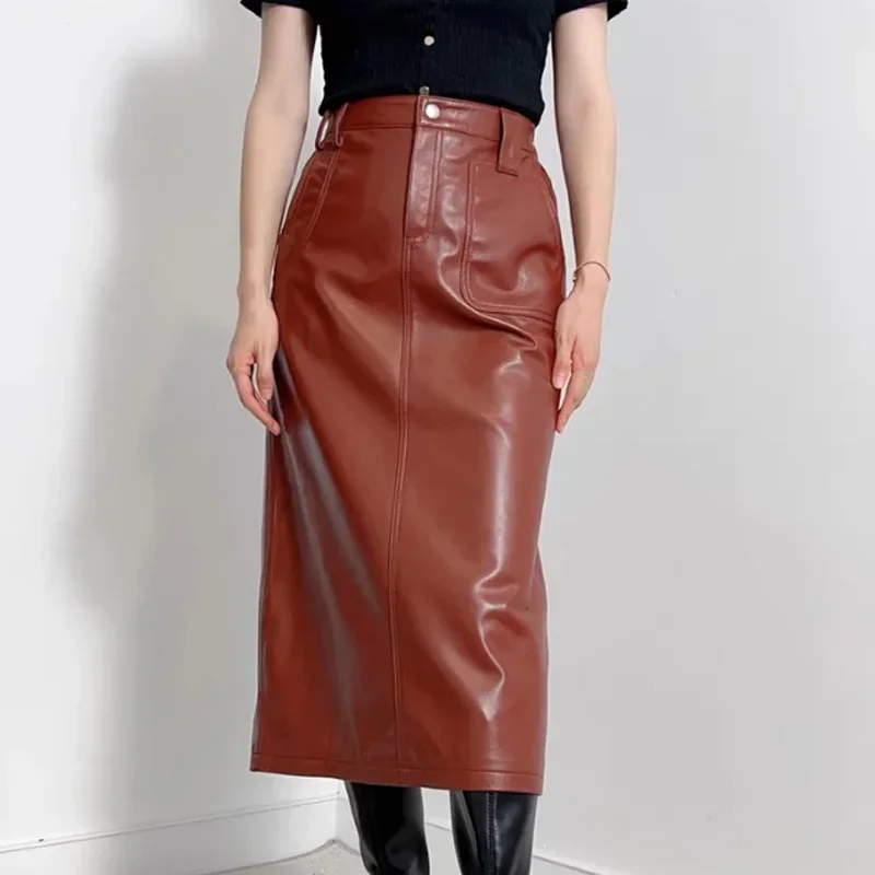 New Women Genuine Leather Black/Red Long Maxi Skirts Femme Befree High Waist Big Pocket Slit Jupe Longue Pencil Faldas Mujer