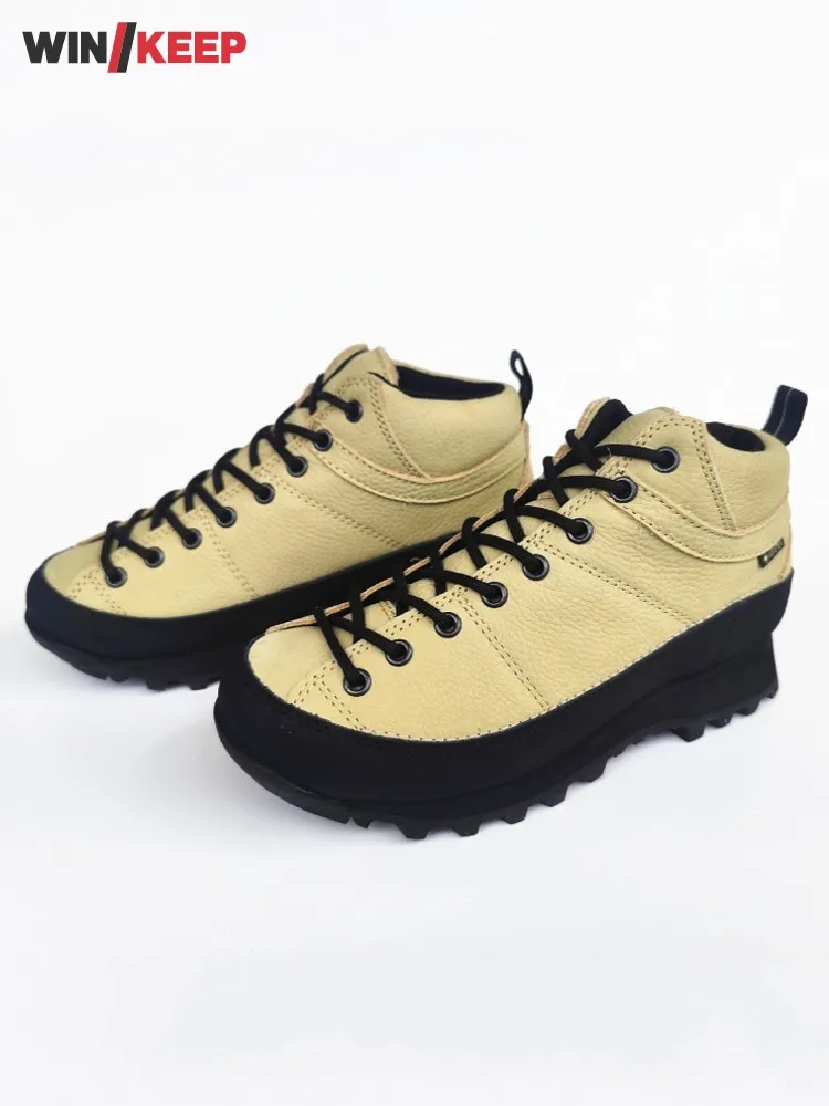 

Outdoor Hiking Shoes Men Womens Trekking Lace Up Genuine Leather Antiskid Camping Shoes Comfortable Solid Color Sport Sneakers