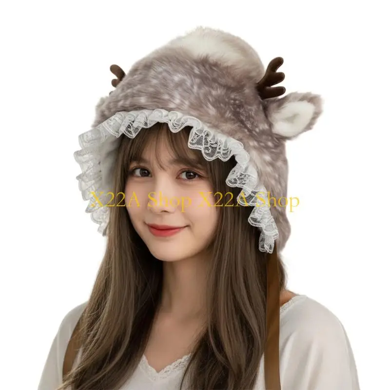 Unique Cartoon Head Wrap Furry Deer Soft Thicken Trapper Hat for Women Outdoor Wear Lace Brim Holiday Party Photo Props