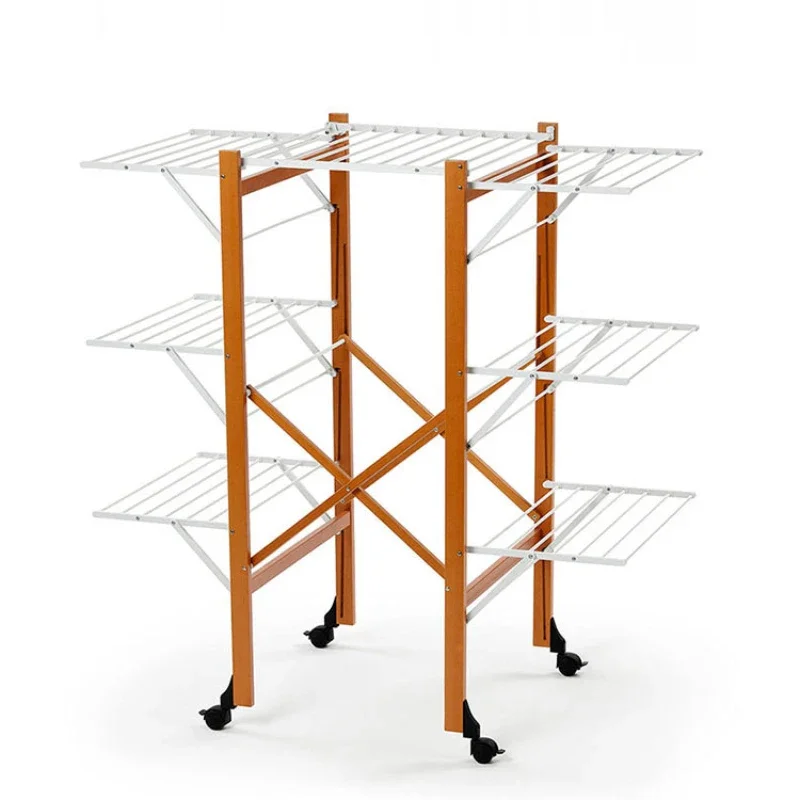 Solid wood double-layer drying rack, movable folding balcony floor-to-ceiling baby drying rack