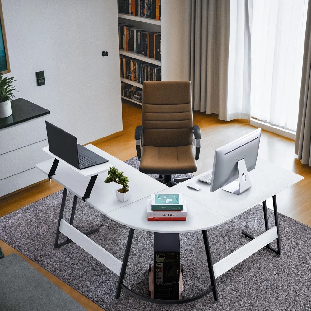 L Shaped Computer Desk Modern Corner Design with Movable Small Table Adjustable Feet Office Gaming Study Use