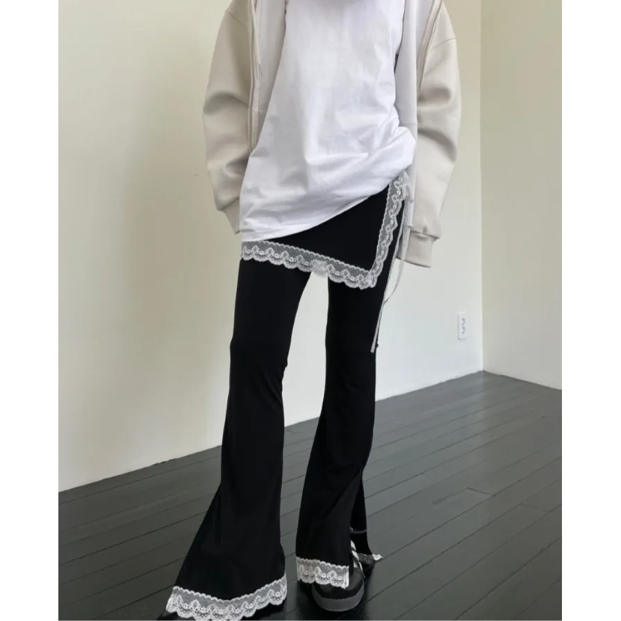 Elegant Lace Trim Belted Patchwork Slit Flared Pants Casual Long Pants Fake Two-Piece Trousers Asymmetric Pure Color Wide Leg