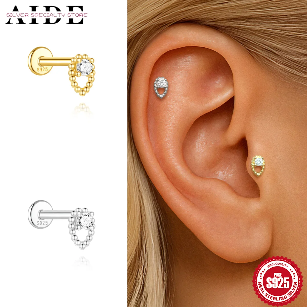 

AIDE 925 Sterling Silver Classic Round Bead Splicing WaterDrop Flat Bottom Internal Thread Piercing for Women Exquisite Earrings