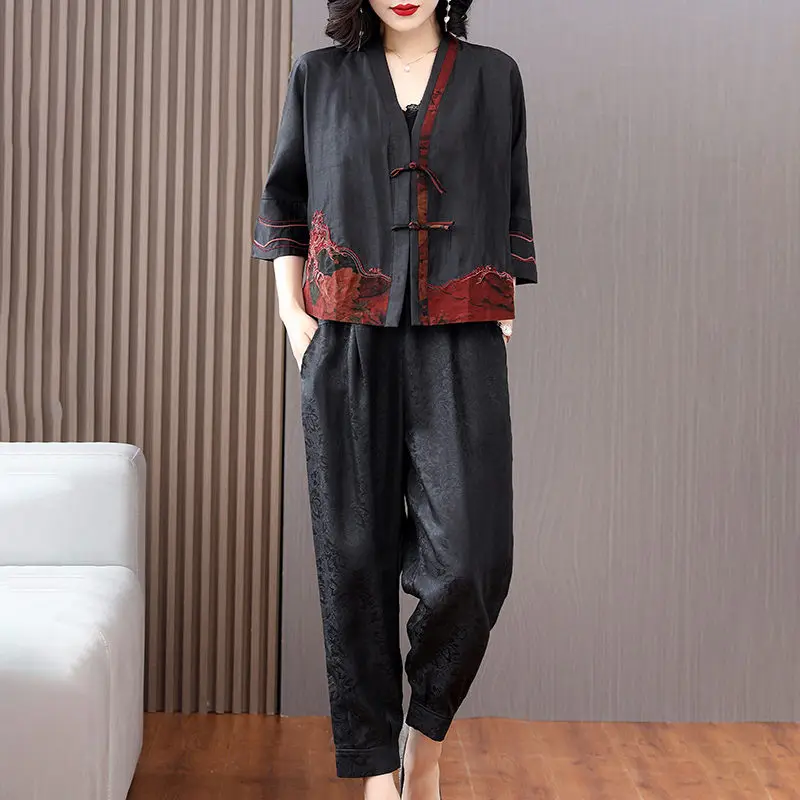 2022 Autumn Embroidery Retro Button Design Three-Quarter Sleeves Short Coat Harem Pants Suit Fashion Loose Two Piece Set h2217