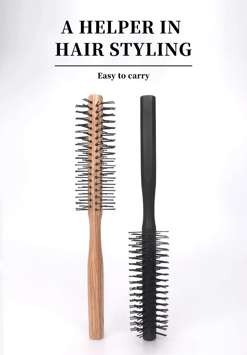1pc Wood Handle Professional Salon Styling Drying Tool Round Hairdressing Curling Massage Roller Comb Special for real hair wigs