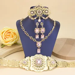 Sunspicems Gold Color Crystal Morocco Bride Jewelry Sets For Women Caftan Belt Waist Chain Charm Choker Necklace Square Earrings