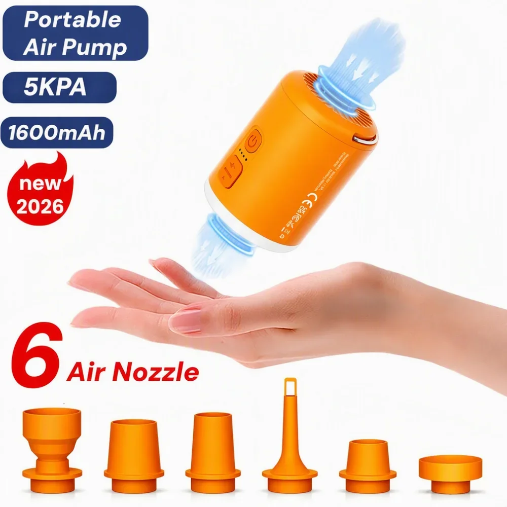1PC Mini Portable Air Pump with Lights 6 Air Nozzles Wireless Inflation Deflation Pump,for Vacuum Bags Mattress Swimming Ring