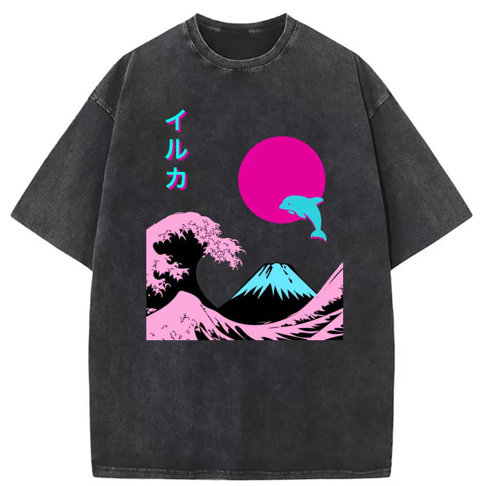 Japan Dolphin Sea Wave Graphic T-shirts For Man Long Sleeve Tee Shirt Men Vintage Printed Tshirts Washed Cotton Sweatshirts