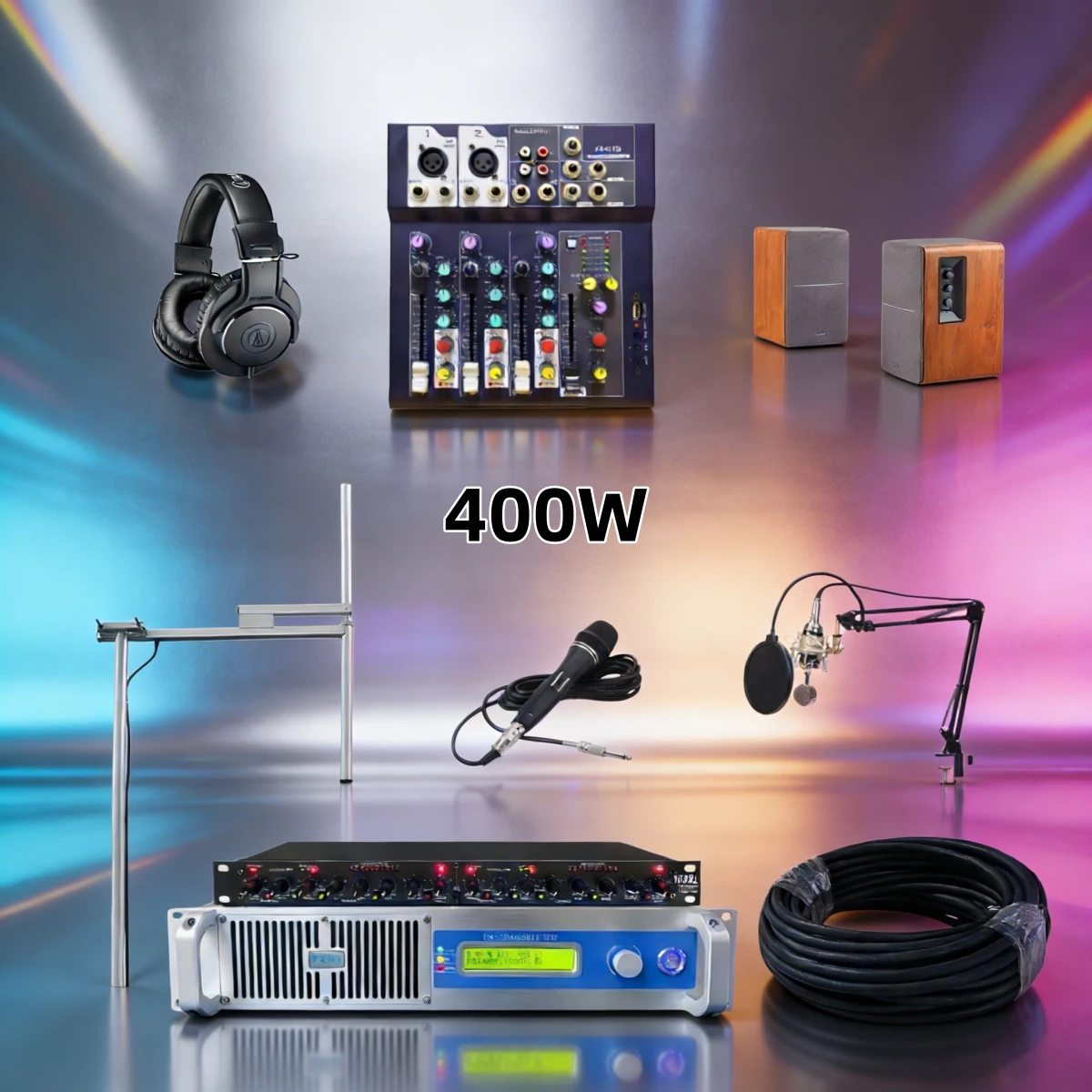 

Полный комплект радиостанции: FM-передатчик 400 Вт, антенная установка, наушники для радио и лекций + мобильная базовая станция связи