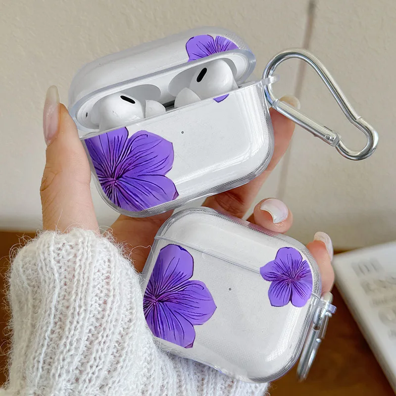 

Purple Flower Pattern Clear Shockproof Headphone Case for Airpods Pro2/Pro3/Pro, Airpods 1/2/3/4 Earphone Cover with Carabiner