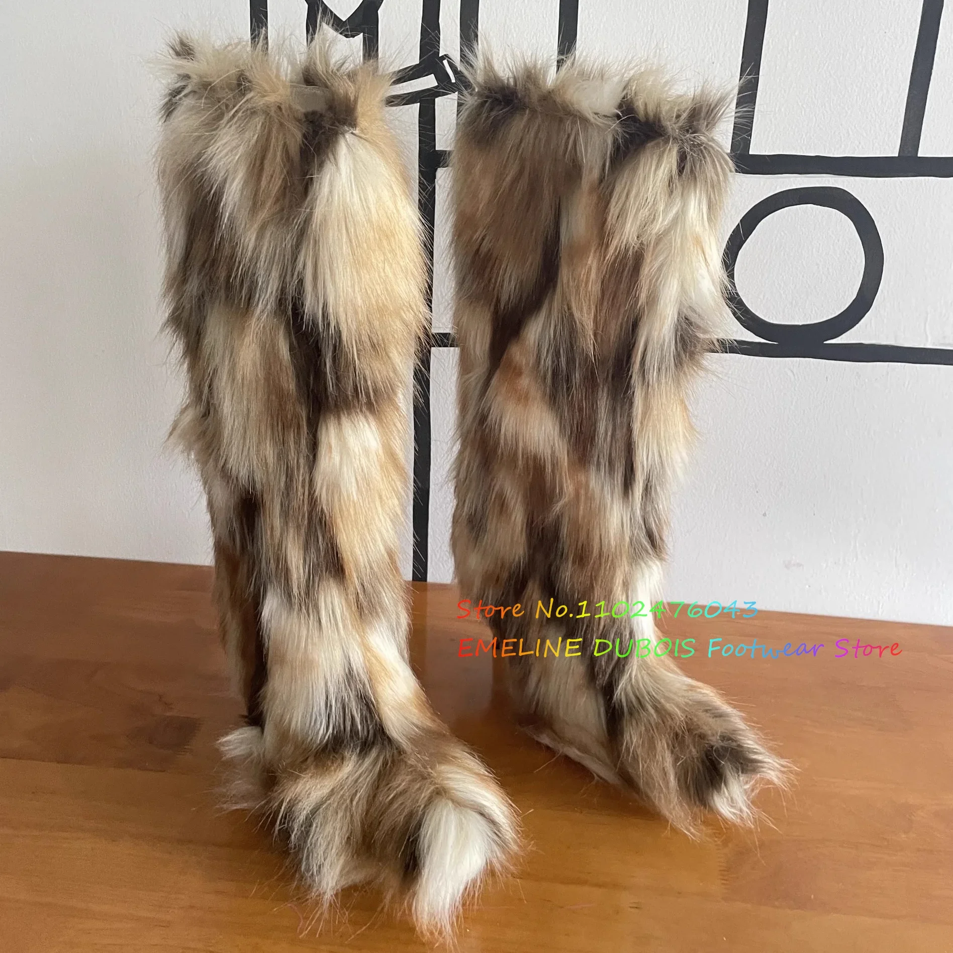 Multicolor Fur High Heel Knee High Boot Women Sexy Pointed Toe Stiletto Heel Winter Warm Back Zipper Newest Trandy Long Boot
